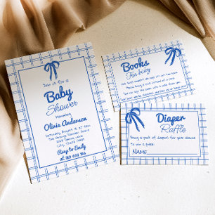 Blue Hand plockade Bow Gingham Boy Shower Inbjudningar