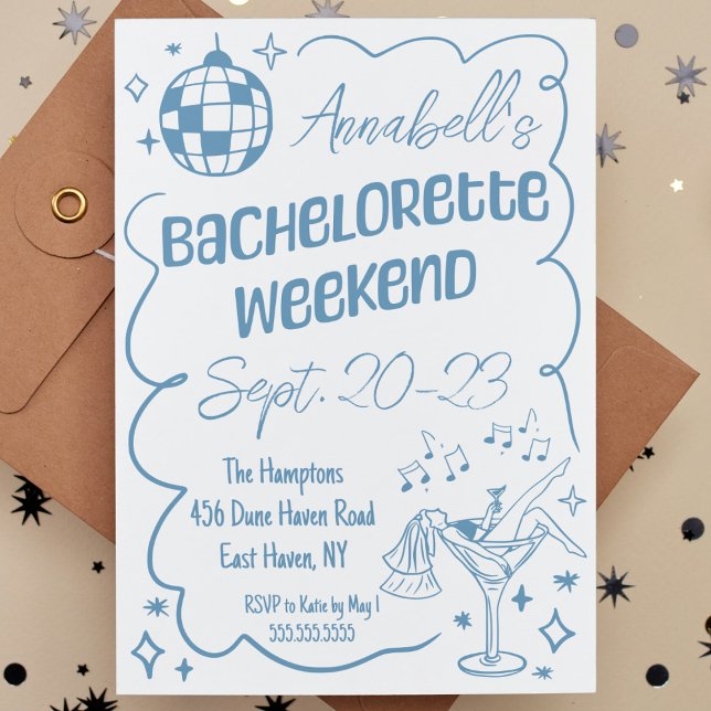 Blue Hand plockade Disco Bachelorette Party Helg Inbjudningar (blue bachelorette party weekend invitation hand drawn disco cocktail modern weekend itinerary cute)
