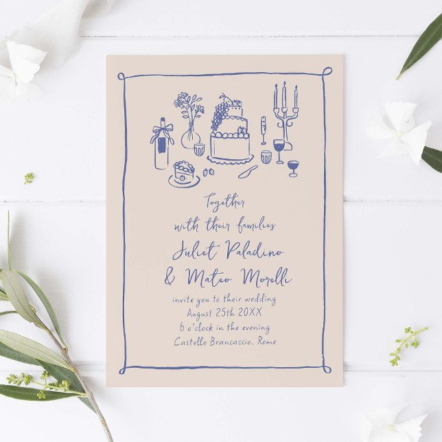 Blue Hand plockade Doodle Food and Drink Bröllop Inbjudningar (blue quirky hand-drawn wedding invitation with food doodles)