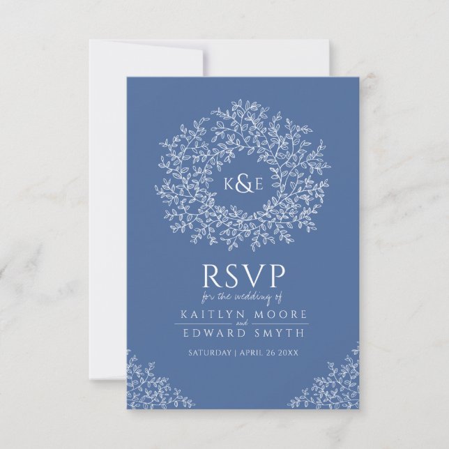 Blue hand plockade löv monogram OSA bröllop Kort (Framsida)