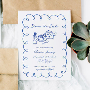 Blue Hand plockade Whimsical Cake Tea Möhippa Inbjudningar