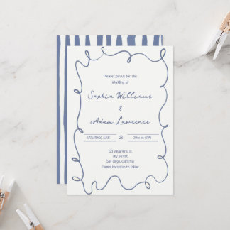 Blue  Hand Written Pinstripes Whimsical Wedding Inbjudningar