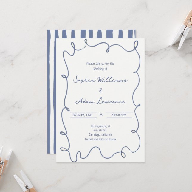 Blue  Hand Written Pinstripes Whimsical Wedding Inbjudningar (Fram/Back In Situ)