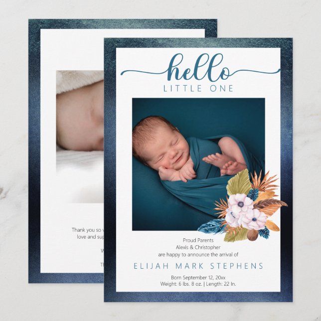 Blue Handflatan Löv |Fjädrar 2 Foto Pojke Birth Meddelande (Fram/baksida)