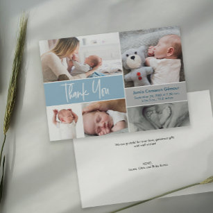 Blue Handlettering Photo Collage Baby Shower Tack Kort