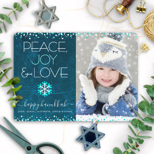 Blue Hanukah Peace Joy Kärlek Quote Photo Snowflak Julkort