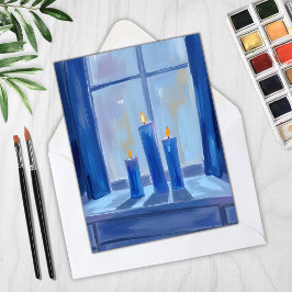 Blue Hanukkah Candles Watercolor Julkort
