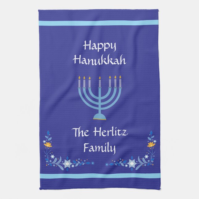 Blue HANUKKAH Menorah Customize NAMN Kökshandduk (Vertikal)