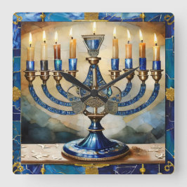 Blue Hanukkah Menorah Fyrkantig Klocka