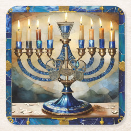 Blue Hanukkah Menorah Underlägg Papper Kvadrat