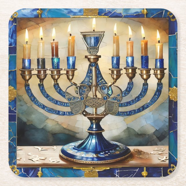 Blue Hanukkah Menorah Underlägg Papper Kvadrat (Framsidan)