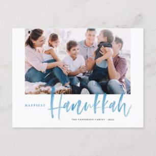 Blue Happiest Hanukkah Brush Calligraphy Photo Helg Vykort