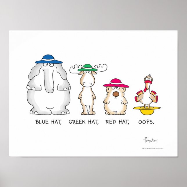 BLUE HAT, GRÖNT HAT, OOPS poster av Sandra Boynton (Framsidan)