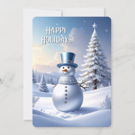 Blue Hat Snowman Christmas Tree Holiday Card Julkort