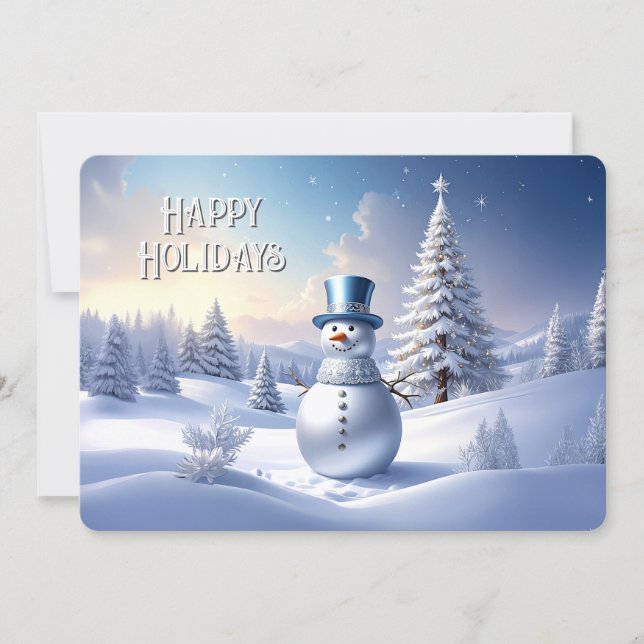 Blue Hat Snowman Christmas Tree Holiday Card Julkort (Framsida)