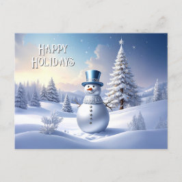 Blue Hat Snowman Christmas Tree Holiday Postcard Vykort
