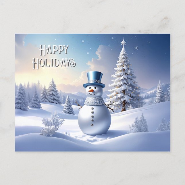 Blue Hat Snowman Christmas Tree Holiday Postcard Vykort (Framsida)