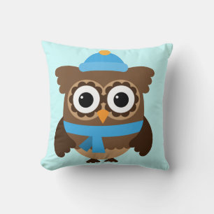 Blue Hat Uggla med Blue Scarf Pillow Kudde