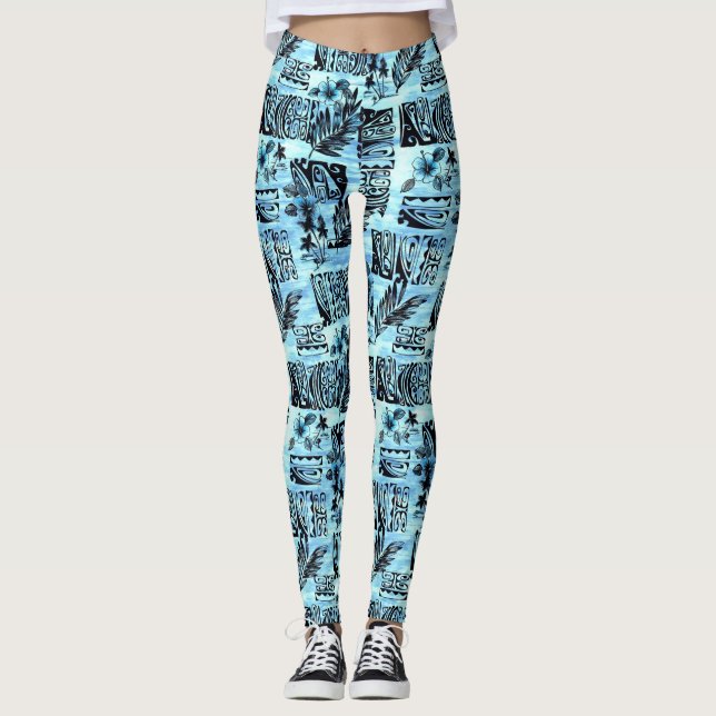 Blue Hawaiian Print Aloha Spirit Leggings (Framsida)