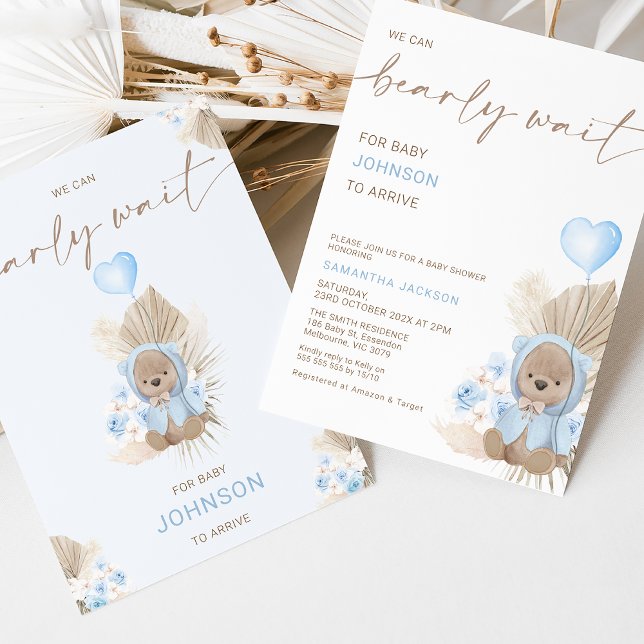 Blue Heart Balloon Barly Wait Baby Shower Inbjudningar (We can bearly wait for baby to arrive baby shower invitation with blue heart shaped balloon.)