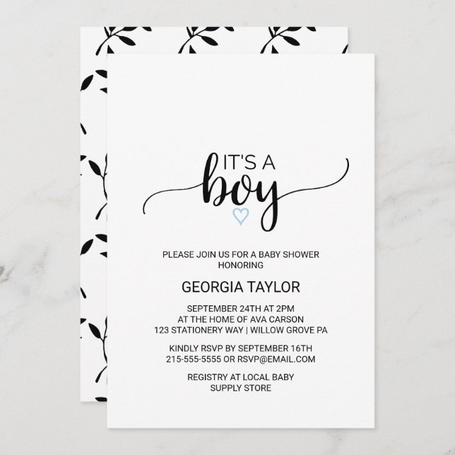 Blue Heart | Enkel svart kalligrafi Det är en pojk Inbjudningar (Fram/baksida)