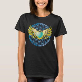 Blue Heart med Guld Angel Vingar på Blomdroppen Li T Shirt