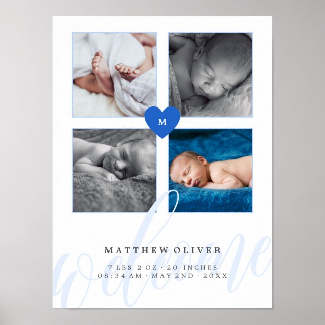 Blue Heart Monogram Baby Photo Collage Poster (Framsidan)
