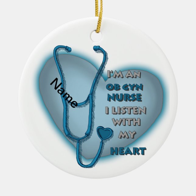 Blue Heart ObGyn Nurse Julgransprydnad Keramik (Framsidan)