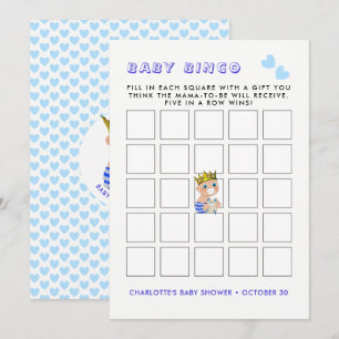 Blue Heart Prince Pojke Shower Party Bingo Game Inbjudningar