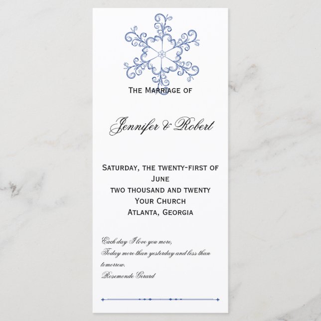 Blue Heart Snowflake-Bröllopsprogram Program (Framsida)