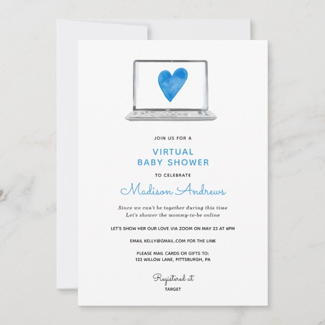 Blue Heart Virtuell Baby Shower Inbjudningar (Framsida)