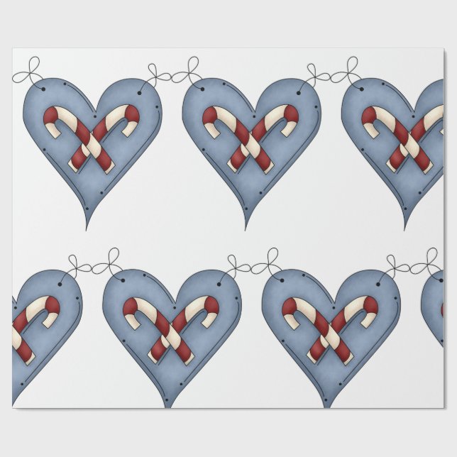 Blue Heart with Candy Canes Country Christmas Presentpapper (Platt)