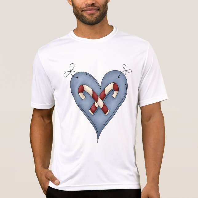 Blue Heart with Candy Canes Country Christmas T Shirt (Framsida)