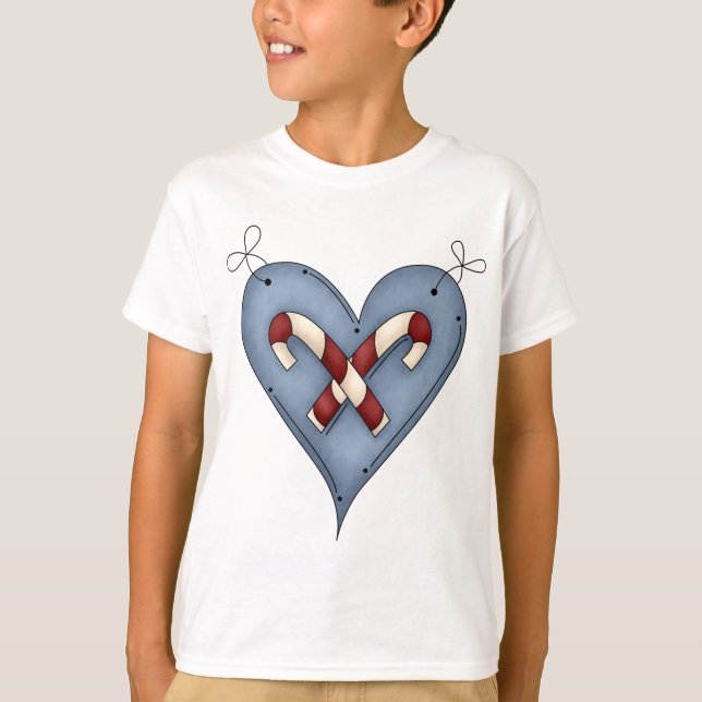 Blue Heart with Candy Canes Country Christmas T Shirt (Framsida)