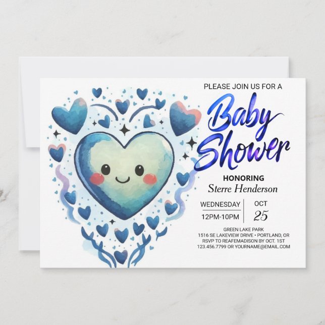 Blue Hearts Little Cutie Elegant Boy Shower Inbjudningar (Framsida)