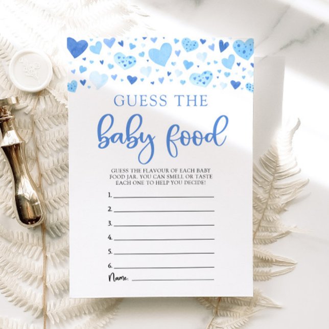 Blue Hearts Valentine Gissa Babymat Spelet Inbjudningar (Watercolor Cute Blue Hearts Valentine Sweetheart February Boy Guess the Baby Food Baby Shower Game )