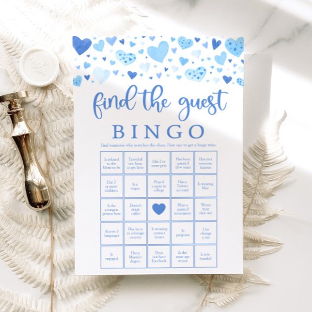 Blue Hearts Valentine Hitta Gäst BINGO-spel Inbjudningar (Watercolor Cute Blue Hearts Valentine Sweetheart February Boy Find the Guest Bingo Baby Shower Game)