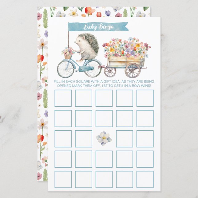 Blue Hedgehog Baby Shower Bingo Game Card (Fram/baksida)