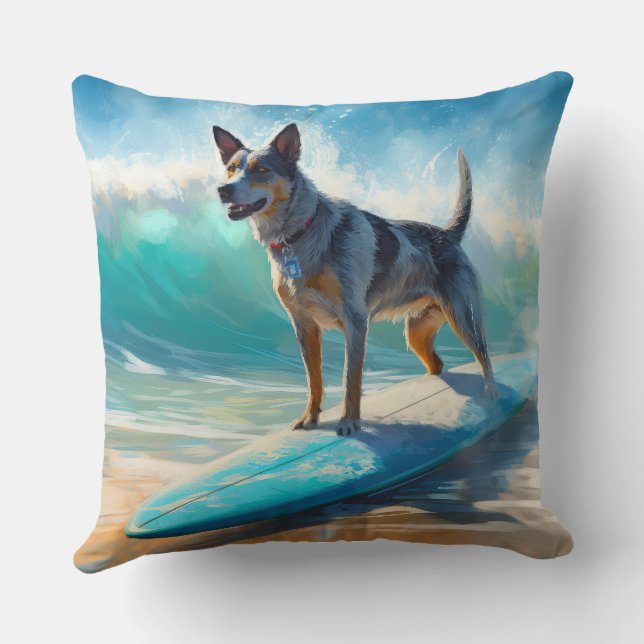 Blue Heeler Beach Surfing Måleri Kudde (Baksida)