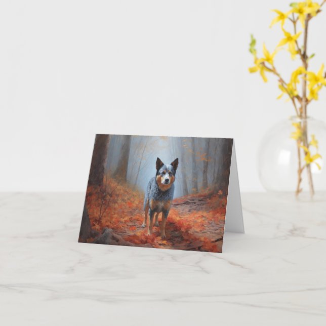 Blue Heeler bland höstlöv Fall Inspirerar Kort (Gul blomma)