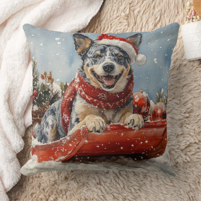 Blue Heeler Dog in Sledge Let it Snow Christmas Kudde (Filt)