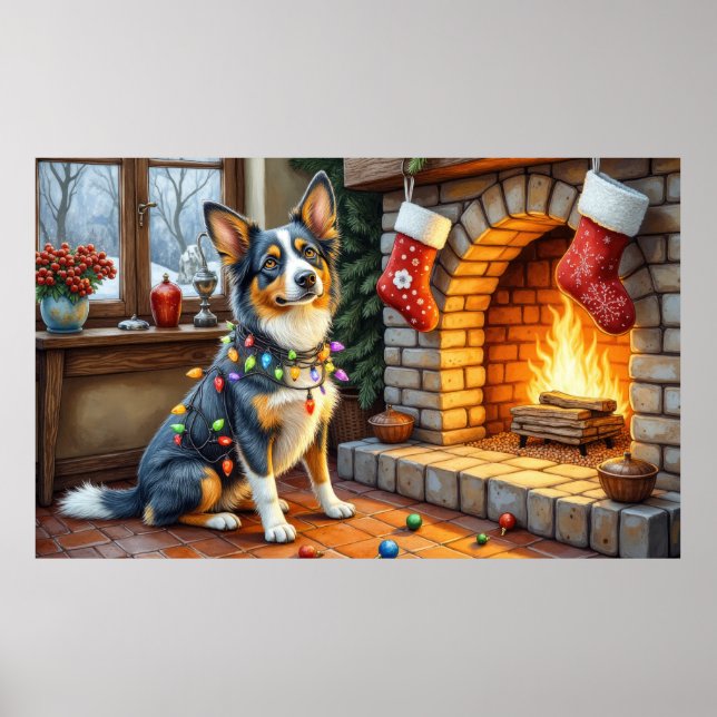 Blue Heeler Fireplace with Christmas Lights Poster (Framsidan)