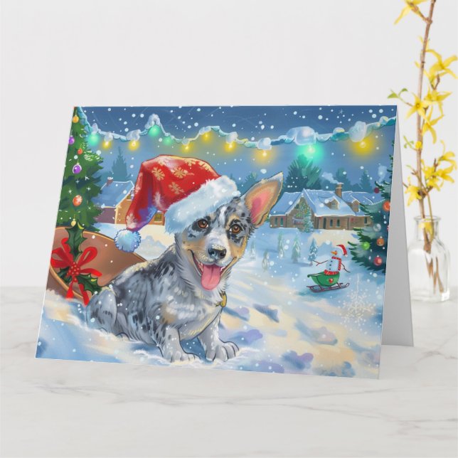 Blue Heeler Hund i jul i Sleigh Snö Kort (Gul blomma)