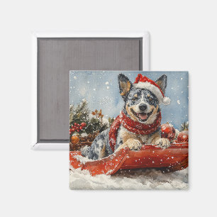 Blue Heeler Hund i Sledge Låt det snöa jul Magnet