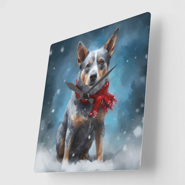 Blue Heeler Hund i Snö Jul Fyrkantig Klocka (Vinkel)