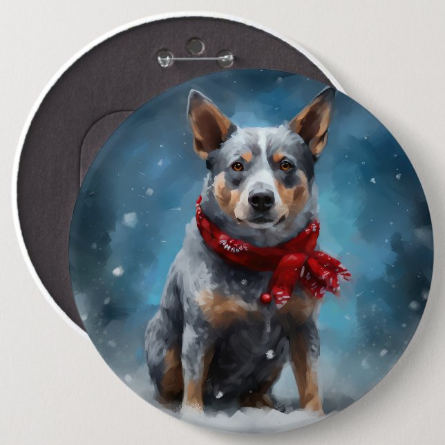 Blue Heeler Hund i Snö Jul  Knapp (Framsida & baksida)