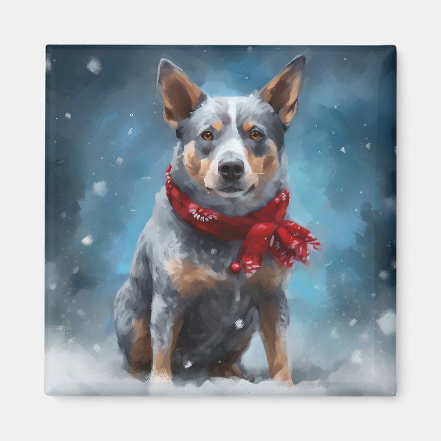 Blue Heeler Hund i Snö Jul  Magnet (Framsidan)
