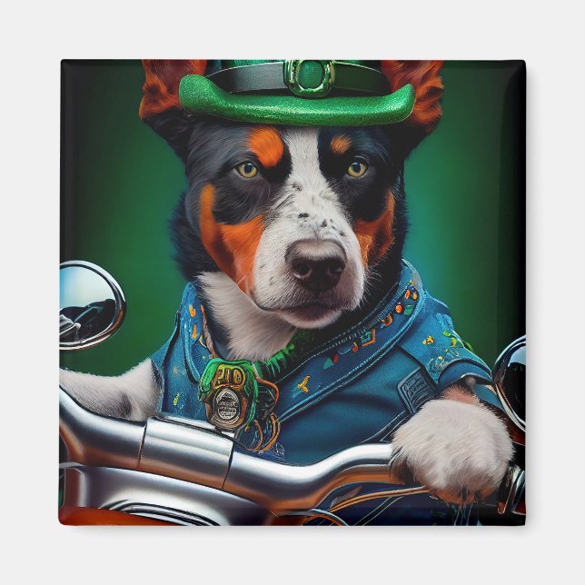Blue Heeler Hund Kör Cyckel St. Patrick's Day Magnet (Framsidan)