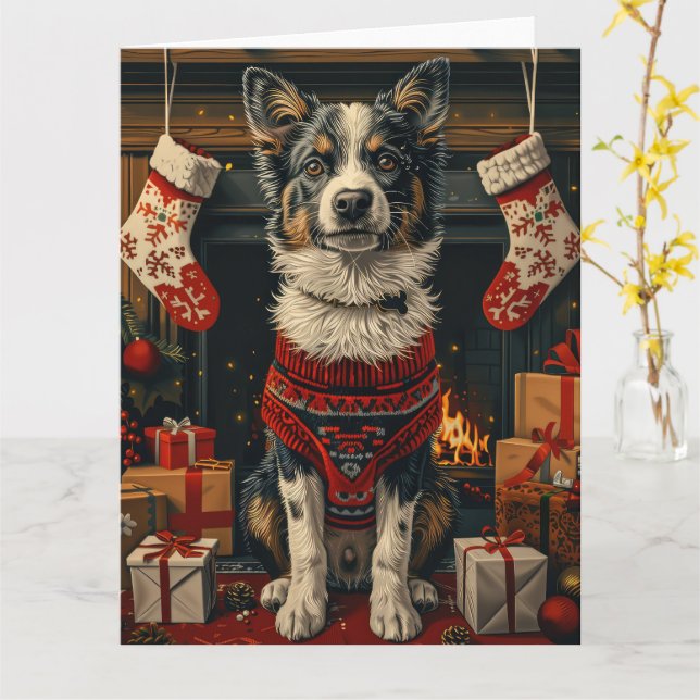 Blue Heeler Hund med julklappar Kaminen Kort (Gul blomma)