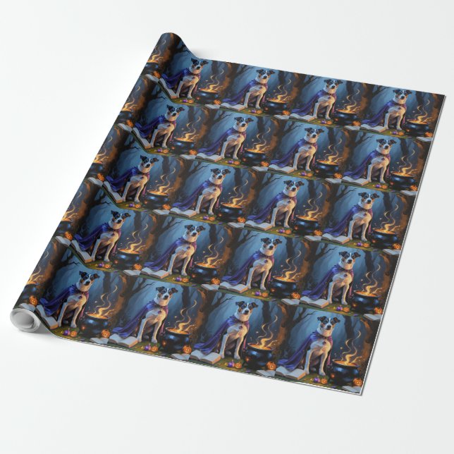Blue Heeler Hund Whimsical Halloween-målning Presentpapper (Utrullad)